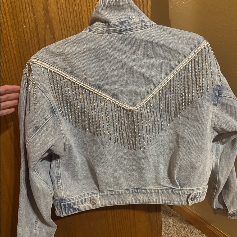 Apricot Lane Light Blue Jean Jacket with Bling Diamond Type Fringe